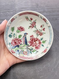 A set of six Chinese famille rose 'peacock' cups and saucers, Yongzheng