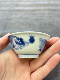 A set of six Chinese blue and white cups and saucers, Qing Yu Tang 青玉堂 and Lin Yu Tang 琳玉堂 marks, Kangxi