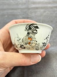 Five Chinese grisaille and iron-red-decorated cups and six saucers with fighting roosters, Yongzheng