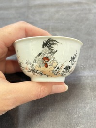Five Chinese grisaille and iron-red-decorated cups and six saucers with fighting roosters, Yongzheng