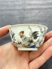 Five Chinese grisaille and iron-red-decorated cups and six saucers with fighting roosters, Yongzheng