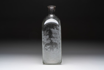 A large engraved glass 'hunting scene' flask, Southern Germany, 18th C.