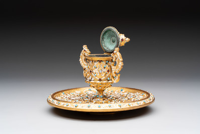 A bejewelled and enamelled gilt-bronze inkwell, probably Russia, 19/20th C.