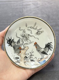 Five Chinese grisaille and iron-red-decorated cups and six saucers with fighting roosters, Yongzheng
