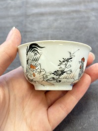 Five Chinese grisaille and iron-red-decorated cups and six saucers with fighting roosters, Yongzheng