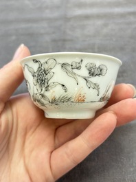 Five Chinese grisaille and iron-red-decorated cups and six saucers with fighting roosters, Yongzheng