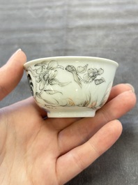 Five Chinese grisaille and iron-red-decorated cups and six saucers with fighting roosters, Yongzheng