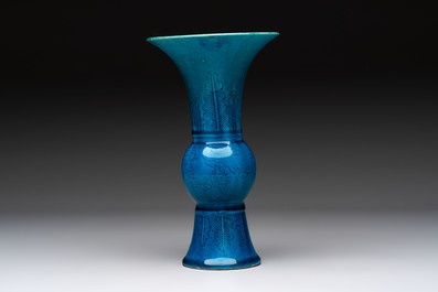 Four Chinese famille rose plates, a blue-glazed vase and a famille verte powder-blue-ground jar, Kangxi and Tongzhi marks, 19th C.