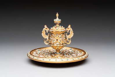 A bejewelled and enamelled gilt-bronze inkwell, probably Russia, 19/20th C.