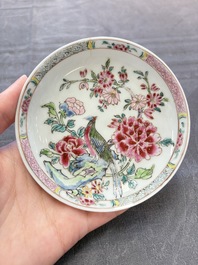 A set of six Chinese famille rose 'peacock' cups and saucers, Yongzheng