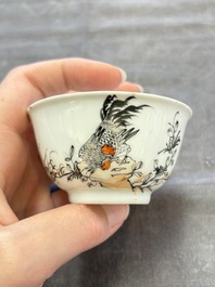 Five Chinese grisaille and iron-red-decorated cups and six saucers with fighting roosters, Yongzheng