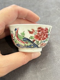 A set of six Chinese famille rose 'peacock' cups and saucers, Yongzheng