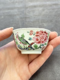 A set of six Chinese famille rose 'peacock' cups and saucers, Yongzheng