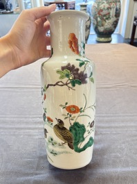 A pair of Chinese famille verte 'quails in blossoming landscape' rouleau vases, 19th C.