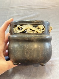 A Chinese mother-of-pearl-inlaid zitan bitong with chilong design, 18th C.