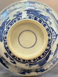 A large Chinese blue and white 'Zhu Lin Qi Xian 竹林七賢' bowl, Kangxi