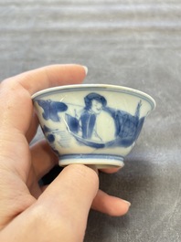 A set of six Chinese blue and white cups and saucers, Qing Yu Tang 青玉堂 and Lin Yu Tang 琳玉堂 marks, Kangxi