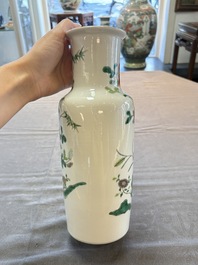 A pair of Chinese famille verte 'quails in blossoming landscape' rouleau vases, 19th C.