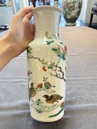 A pair of Chinese famille verte 'quails in blossoming landscape' rouleau vases, 19th C.