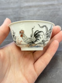 Five Chinese grisaille and iron-red-decorated cups and six saucers with fighting roosters, Yongzheng