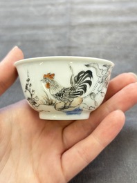 Five Chinese grisaille and iron-red-decorated cups and six saucers with fighting roosters, Yongzheng