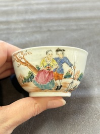 A pair of Chinese famille rose 'European subject' cups and saucers, Qianlong