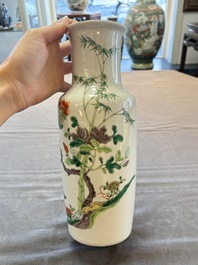 A pair of Chinese famille verte 'quails in blossoming landscape' rouleau vases, 19th C.