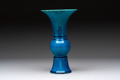 Four Chinese famille rose plates, a blue-glazed vase and a famille verte powder-blue-ground jar, Kangxi and Tongzhi marks, 19th C.