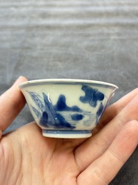 A set of six Chinese blue and white cups and saucers, Qing Yu Tang 青玉堂 and Lin Yu Tang 琳玉堂 marks, Kangxi