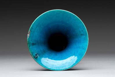 Four Chinese famille rose plates, a blue-glazed vase and a famille verte powder-blue-ground jar, Kangxi and Tongzhi marks, 19th C.