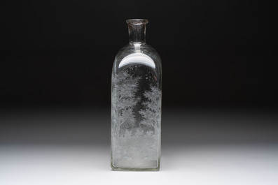A large engraved glass 'hunting scene' flask, Southern Germany, 18th C.
