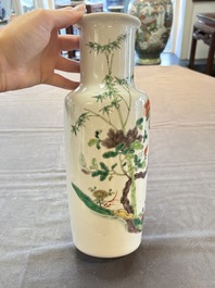 A pair of Chinese famille verte 'quails in blossoming landscape' rouleau vases, 19th C.
