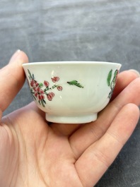 A set of six Chinese famille rose 'peacock' cups and saucers, Yongzheng