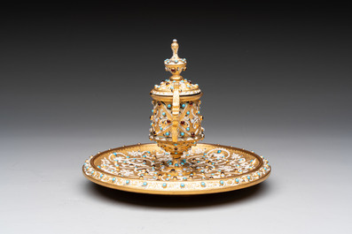 A bejewelled and enamelled gilt-bronze inkwell, probably Russia, 19/20th C.