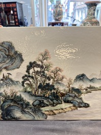 A pair of fine Chinese famille rose plaques with landscape design, signed Wang Yeting 汪野亭, 20th C.