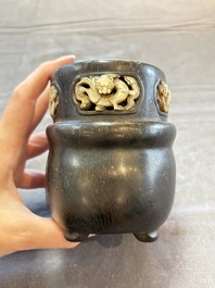 A Chinese mother-of-pearl-inlaid zitan bitong with chilong design, 18th C.