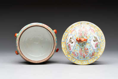 A Chinese blue and white and a famille rose 'kamcheng' bowl and cover for the Straits or Peranakan market, 19th C.
