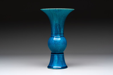 Four Chinese famille rose plates, a blue-glazed vase and a famille verte powder-blue-ground jar, Kangxi and Tongzhi marks, 19th C.