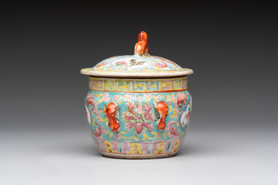 A Chinese blue and white and a famille rose 'kamcheng' bowl and cover for the Straits or Peranakan market, 19th C.