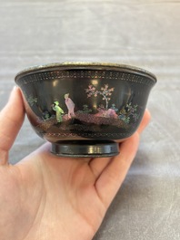 A Chinese silver-lined laque burgaut&eacute; bowl with figural design, Kangxi