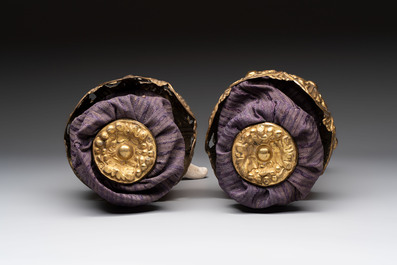 A pair of plaster hands with gilt-bronze cuffs and fabric adornments, Italy, 19th C.