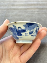 A set of six Chinese blue and white cups and saucers, Qing Yu Tang 青玉堂 and Lin Yu Tang 琳玉堂 marks, Kangxi