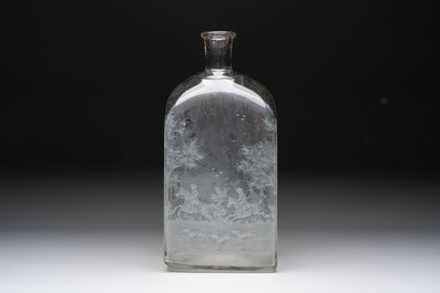A large engraved glass 'hunting scene' flask, Southern Germany, 18th C.