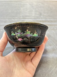 A Chinese silver-lined laque burgaut&eacute; bowl with figural design, Kangxi