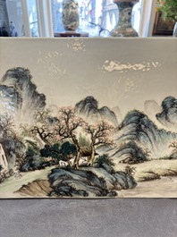 A pair of fine Chinese famille rose plaques with landscape design, signed Wang Yeting 汪野亭, 20th C.