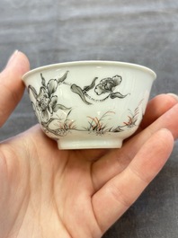 Five Chinese grisaille and iron-red-decorated cups and six saucers with fighting roosters, Yongzheng