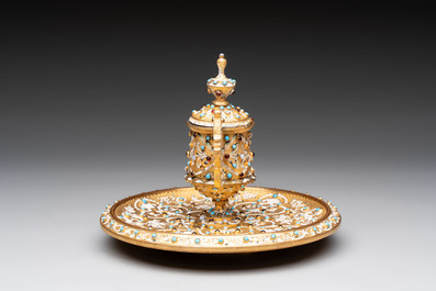 A bejewelled and enamelled gilt-bronze inkwell, probably Russia, 19/20th C.