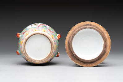 A Chinese blue and white and a famille rose 'kamcheng' bowl and cover for the Straits or Peranakan market, 19th C.