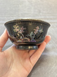 A Chinese silver-lined laque burgaut&eacute; bowl with figural design, Kangxi