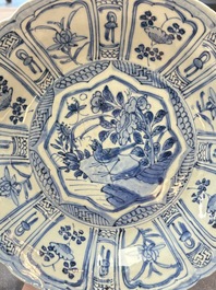 Three Chinese blue and white 'kraak' dishes with a bird and flowers, Wanli